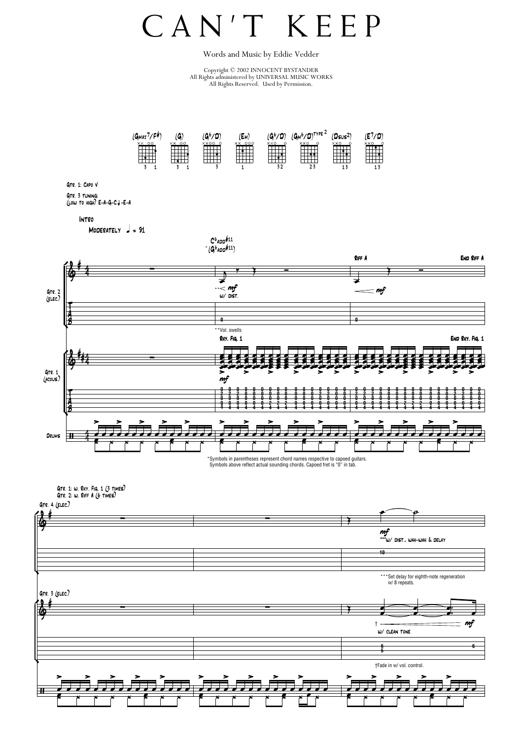 Pearl Jam Can't Keep sheet music notes and chords arranged for Transcribed Score