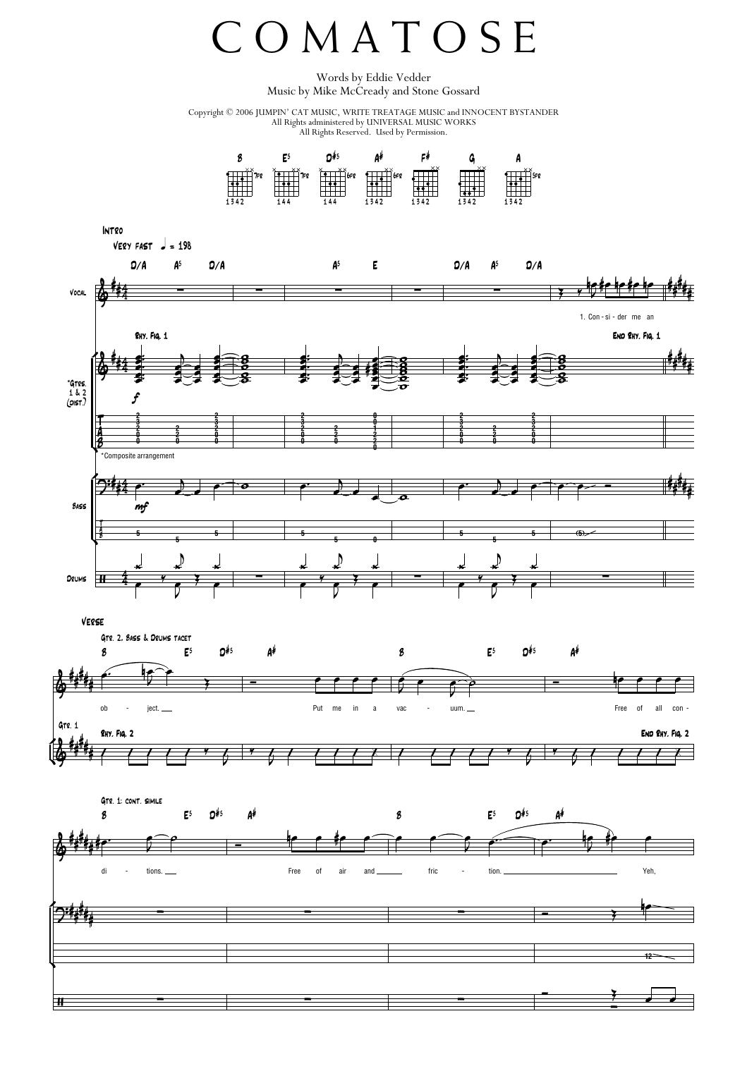 Pearl Jam Comatose sheet music notes and chords arranged for Transcribed Score