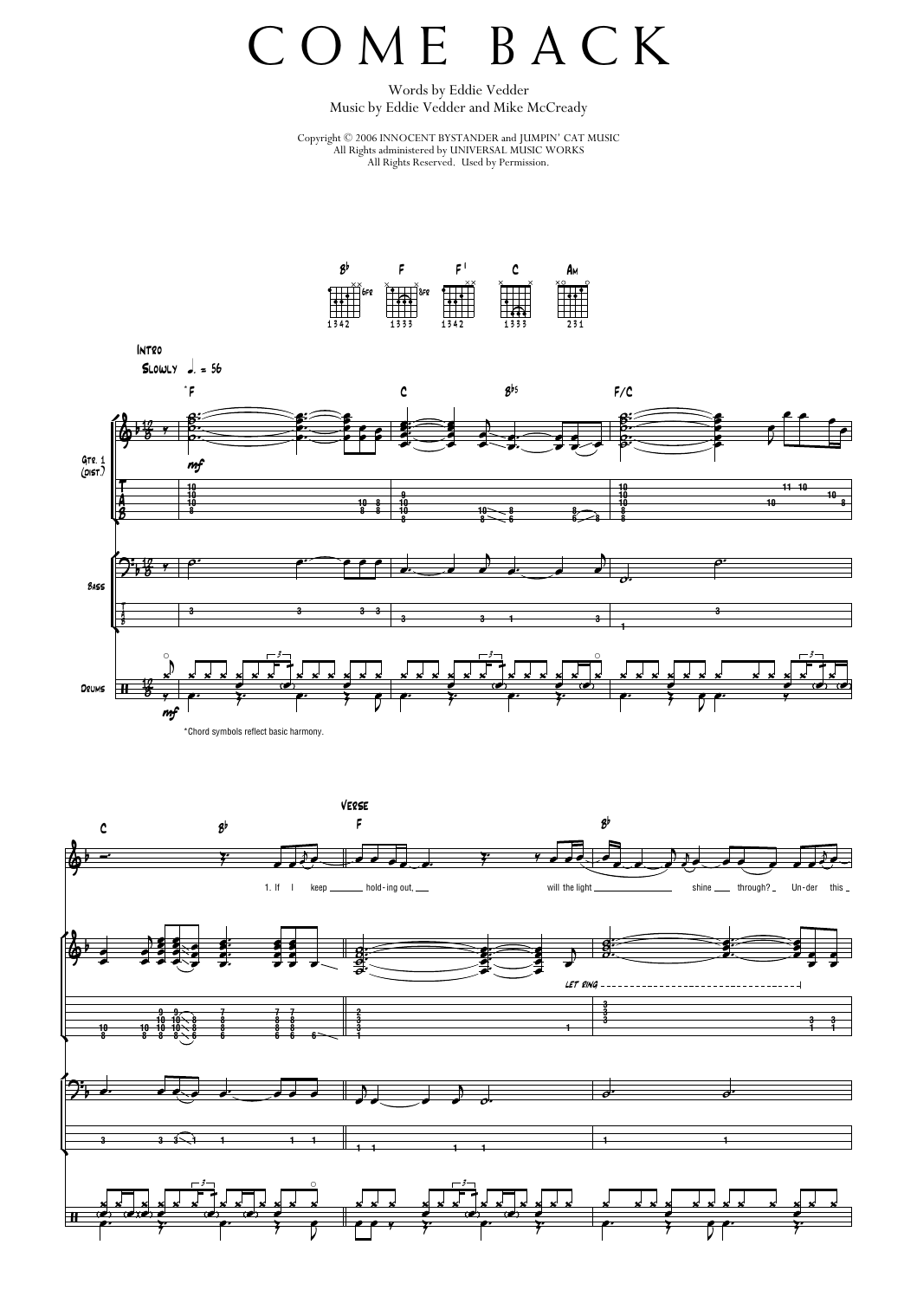 Pearl Jam Come Back sheet music notes and chords arranged for Transcribed Score