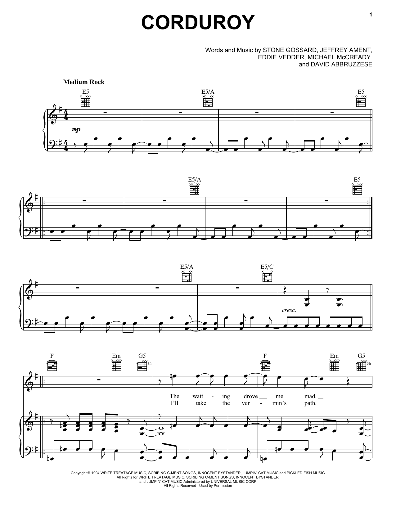 Pearl Jam Corduroy sheet music notes and chords arranged for Piano, Vocal & Guitar Chords (Right-Hand Melody)