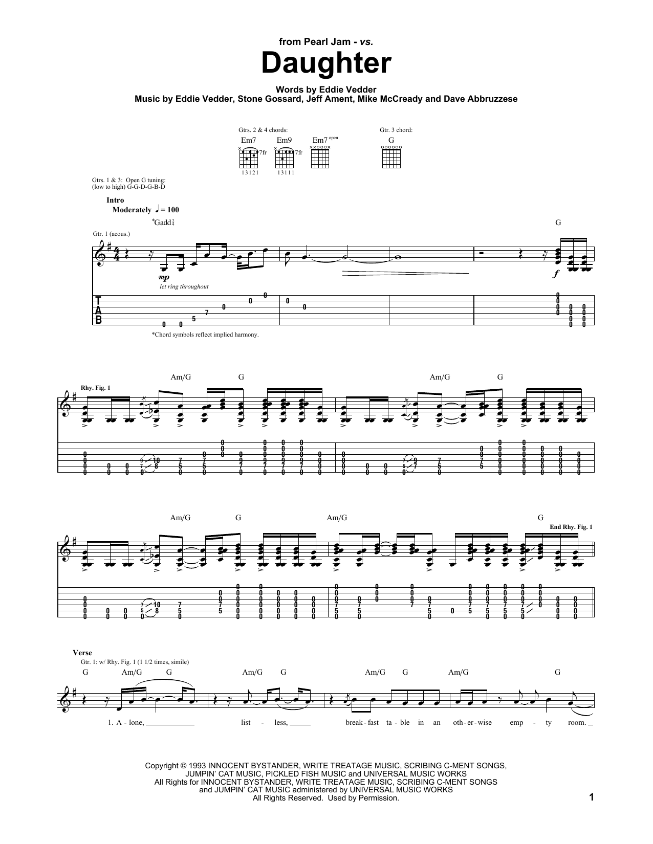 Pearl Jam Daughter sheet music notes and chords arranged for Guitar Lead Sheet