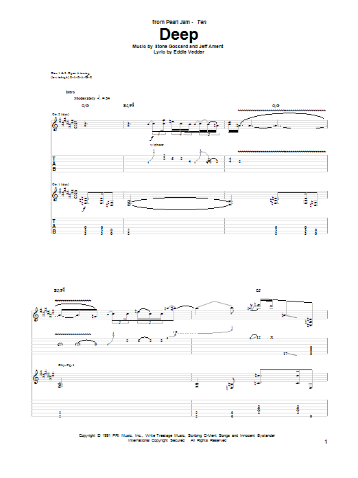 Pearl Jam Deep sheet music notes and chords arranged for Guitar Tab