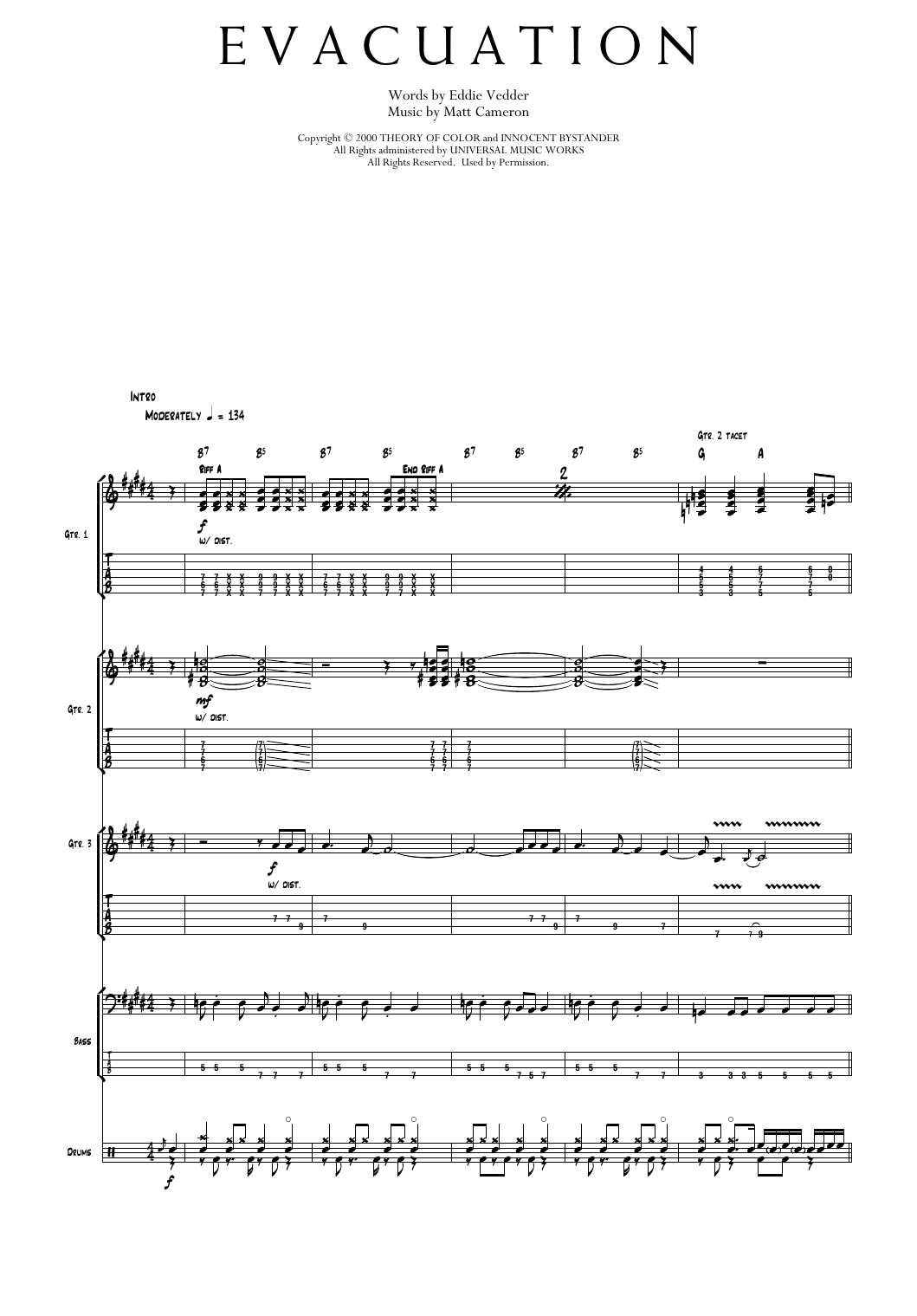 Pearl Jam Evacuation sheet music notes and chords arranged for Transcribed Score