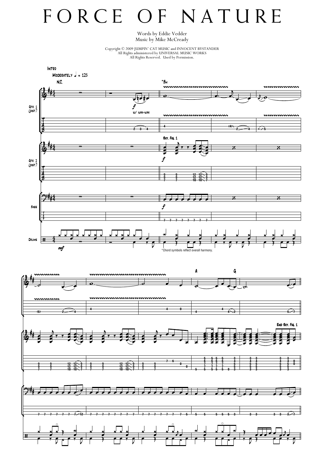 Pearl Jam Force Of Nature sheet music notes and chords arranged for Transcribed Score