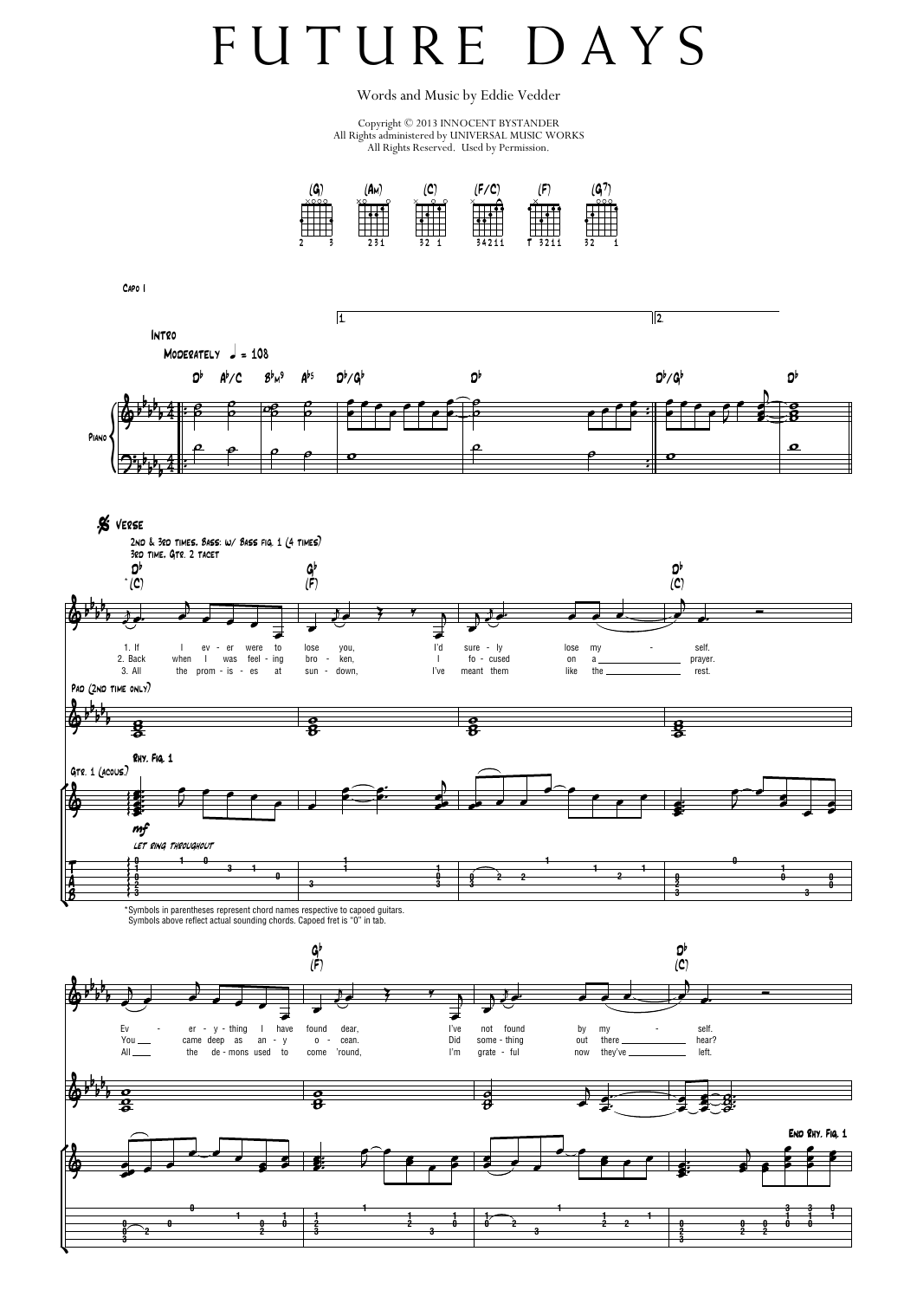 Pearl Jam Future Days sheet music notes and chords arranged for Transcribed Score