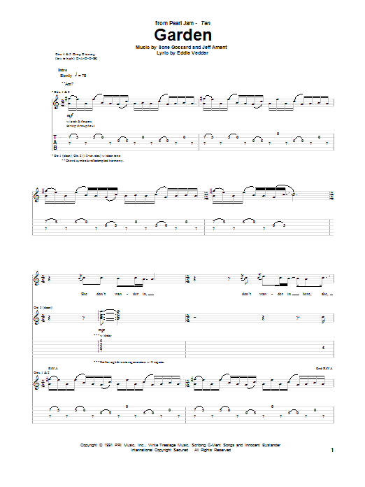 Pearl Jam Garden sheet music notes and chords arranged for Guitar Tab