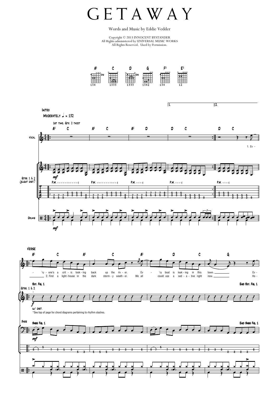Pearl Jam Getaway sheet music notes and chords arranged for Transcribed Score