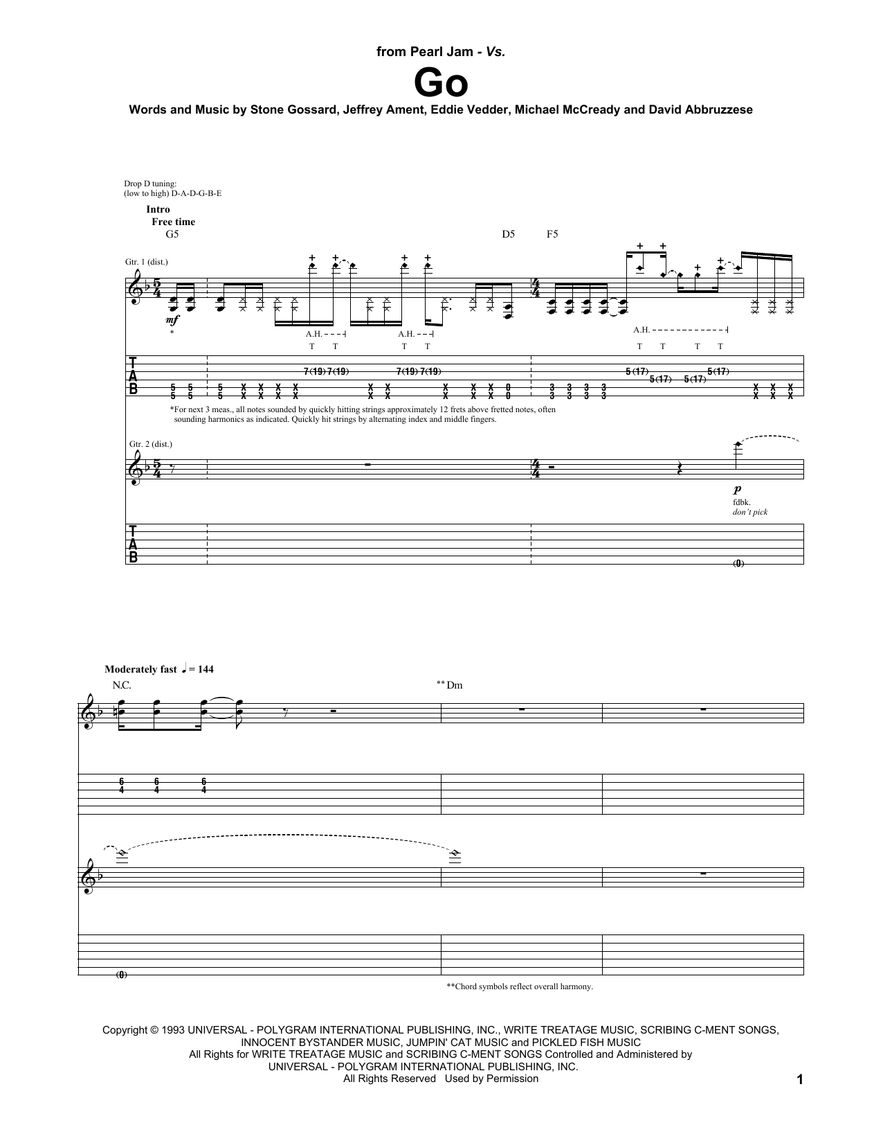 Pearl Jam Go sheet music notes and chords arranged for Guitar Tab