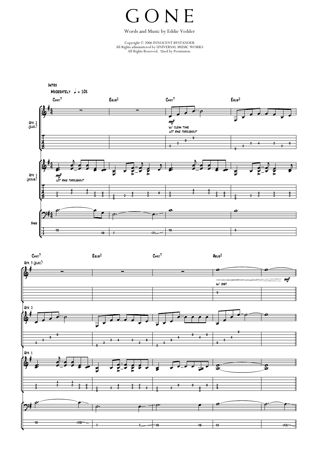 Pearl Jam Gone sheet music notes and chords arranged for Transcribed Score