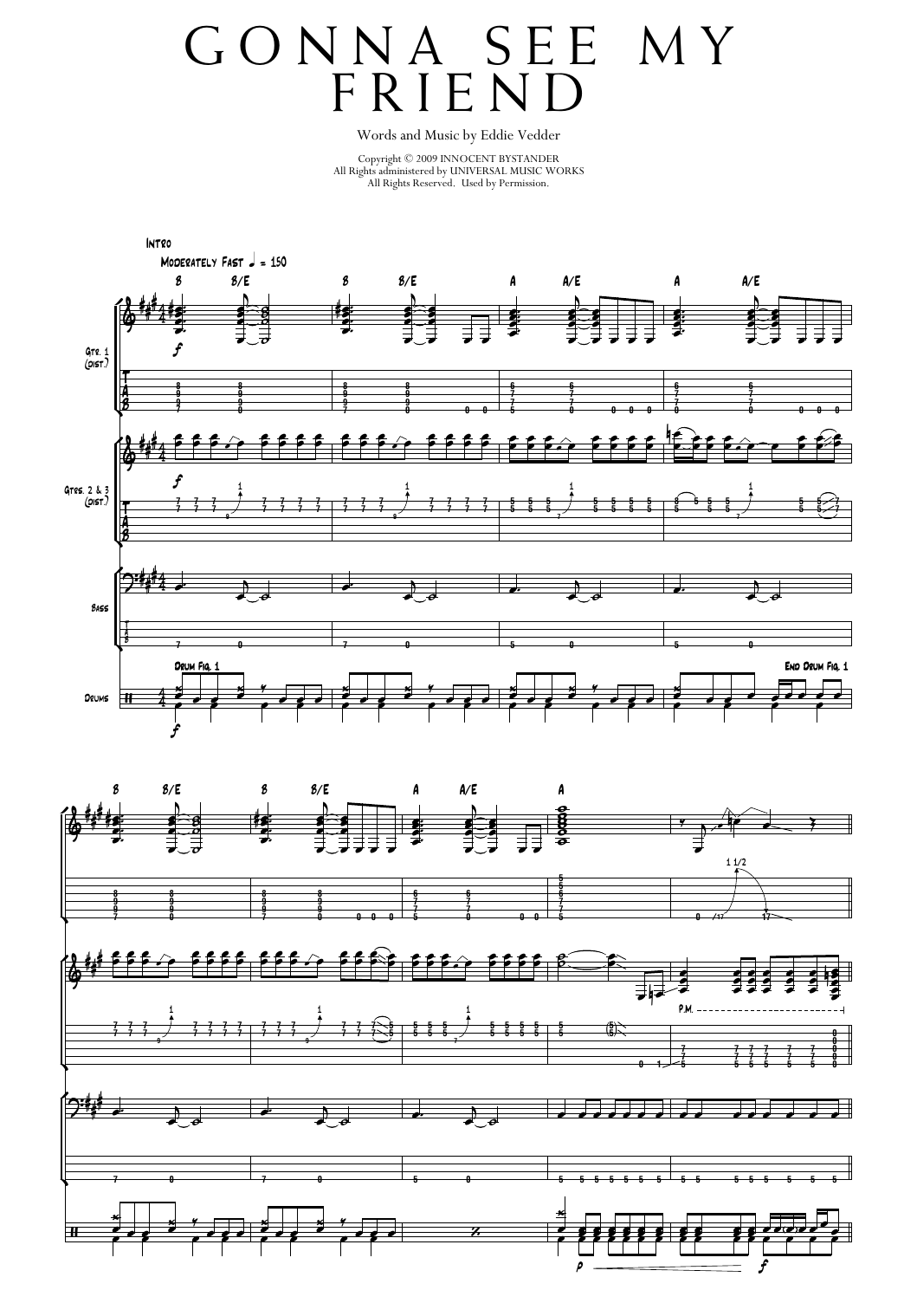 Pearl Jam Gonna See My Friend sheet music notes and chords arranged for Transcribed Score