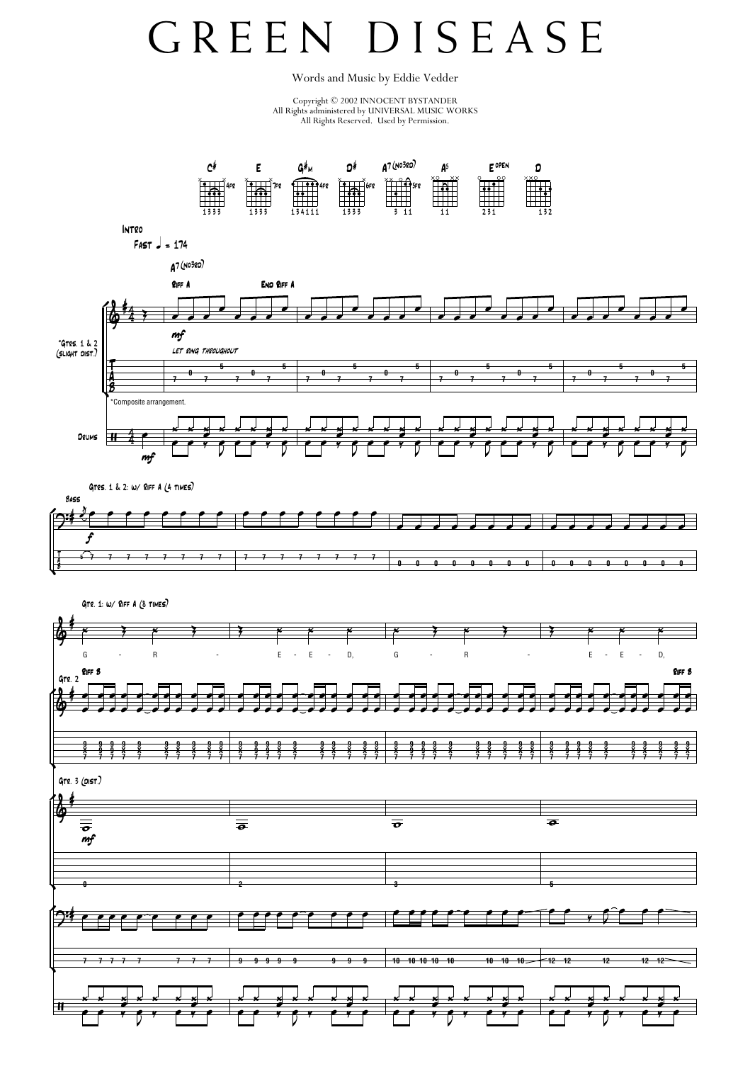 Pearl Jam Green Disease sheet music notes and chords arranged for Transcribed Score