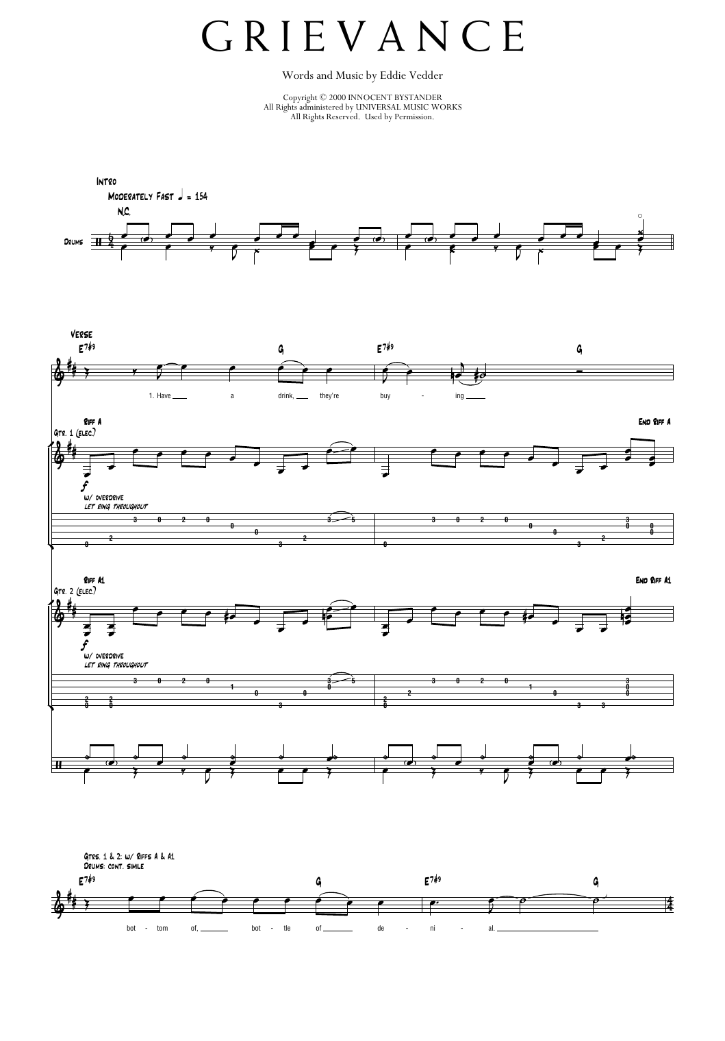 Pearl Jam Grievance sheet music notes and chords arranged for Transcribed Score