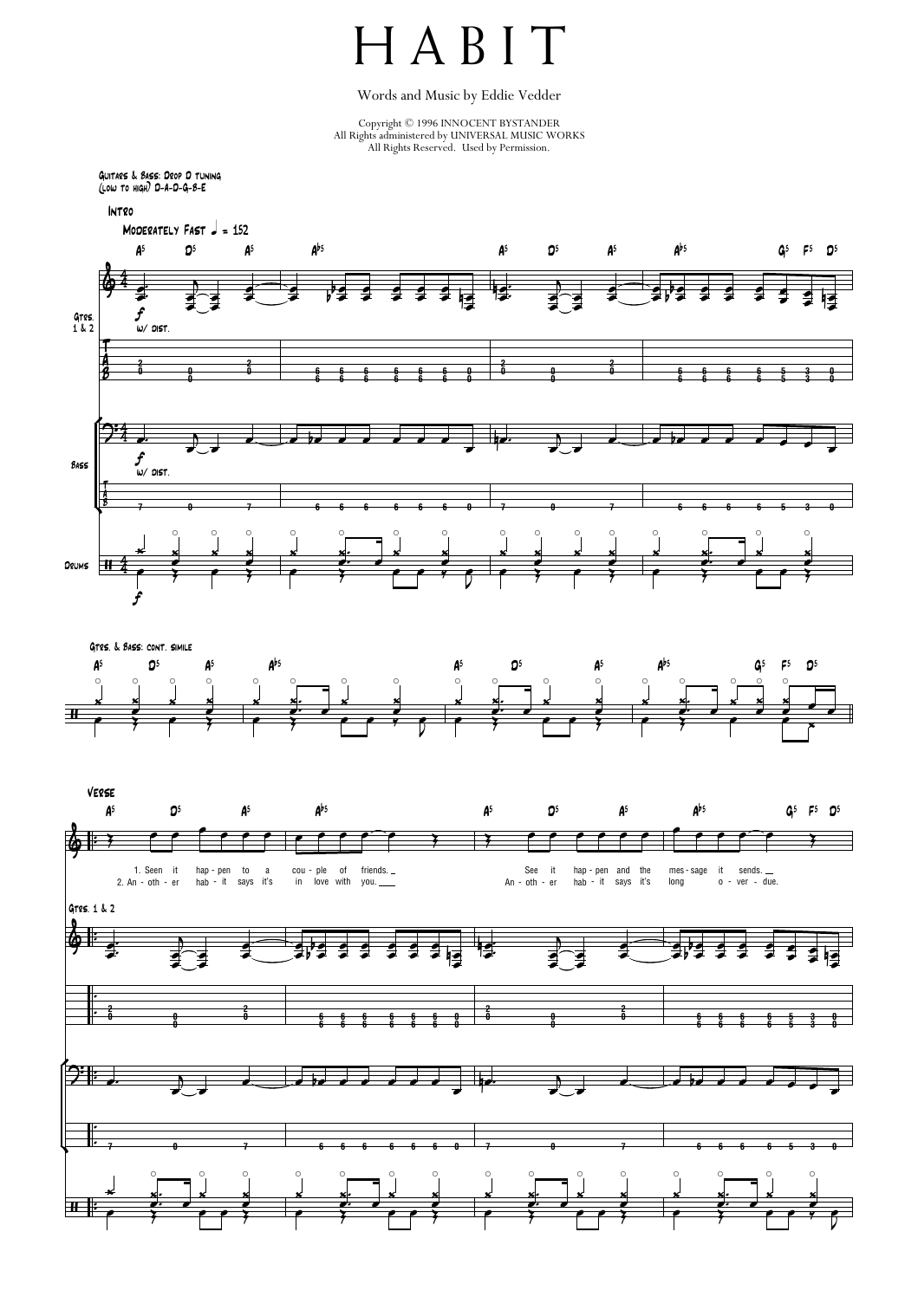 Pearl Jam Habit sheet music notes and chords arranged for Transcribed Score