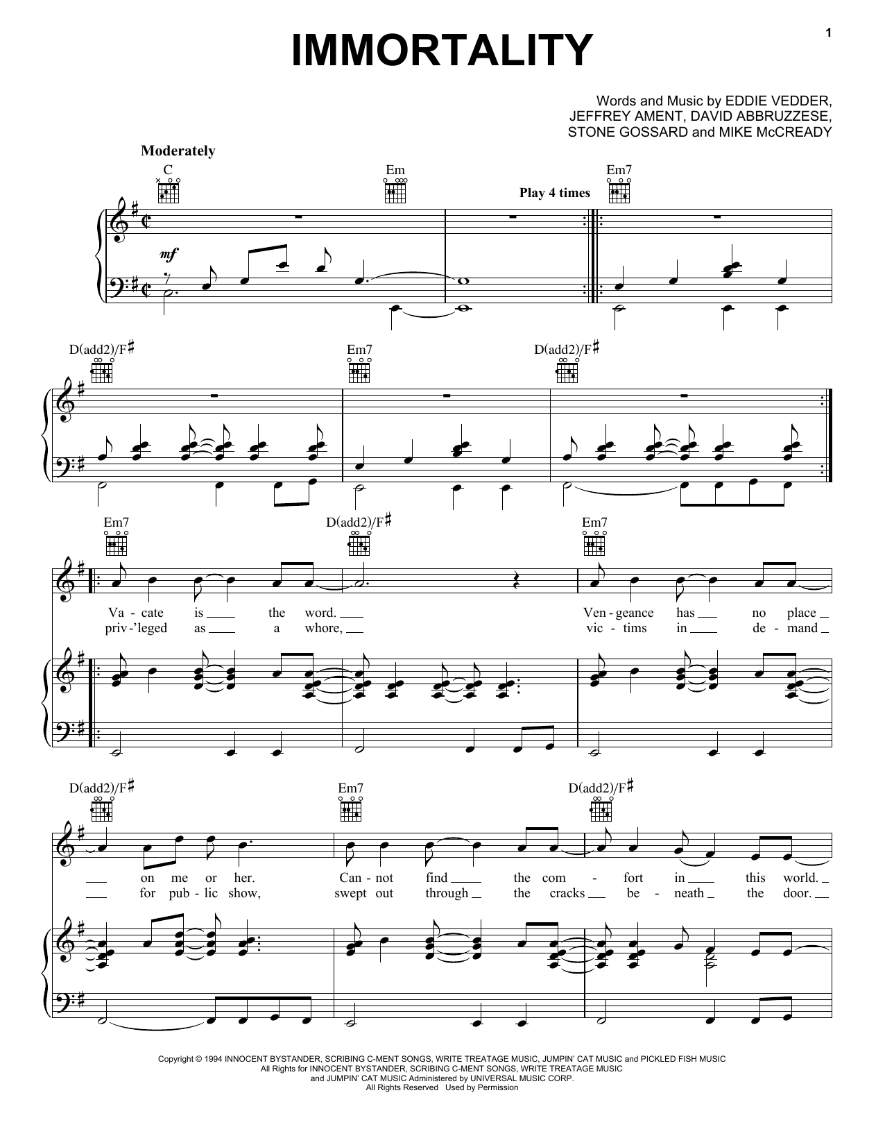 Pearl Jam Immortality sheet music notes and chords arranged for Piano, Vocal & Guitar Chords (Right-Hand Melody)