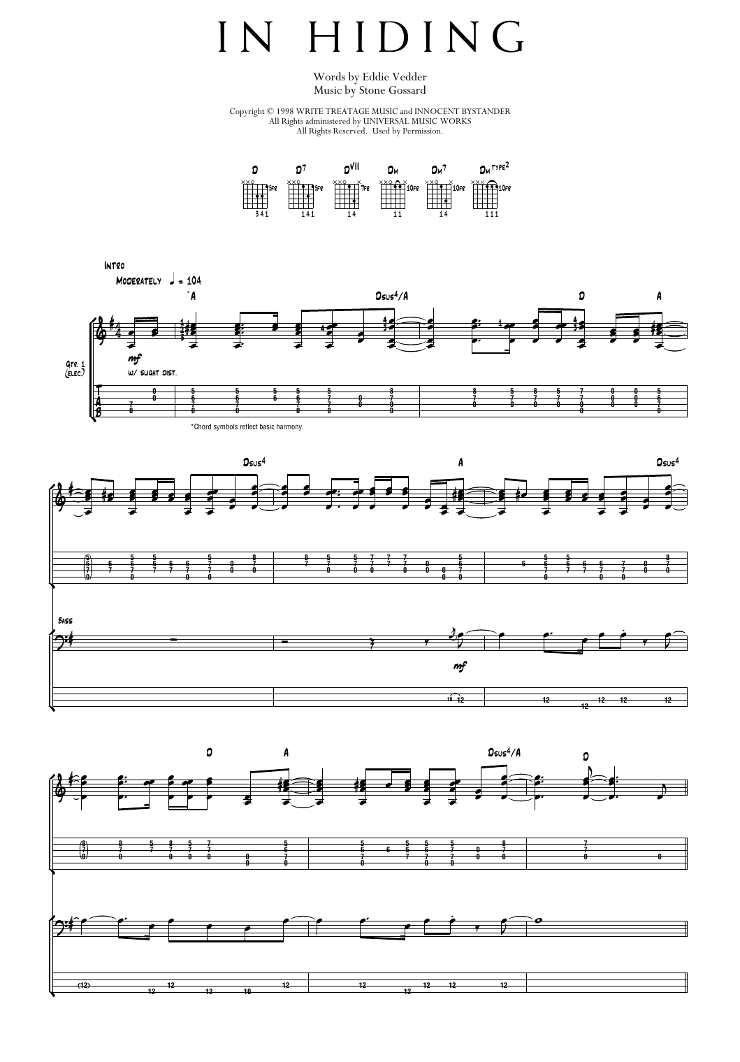 Pearl Jam In Hiding sheet music notes and chords arranged for Transcribed Score