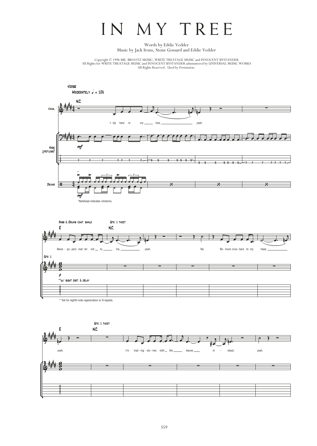 Pearl Jam In My Tree sheet music notes and chords arranged for Transcribed Score