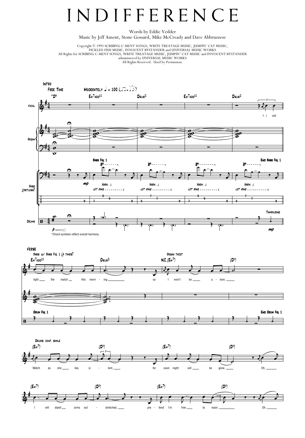 Pearl Jam Indifference sheet music notes and chords arranged for Transcribed Score