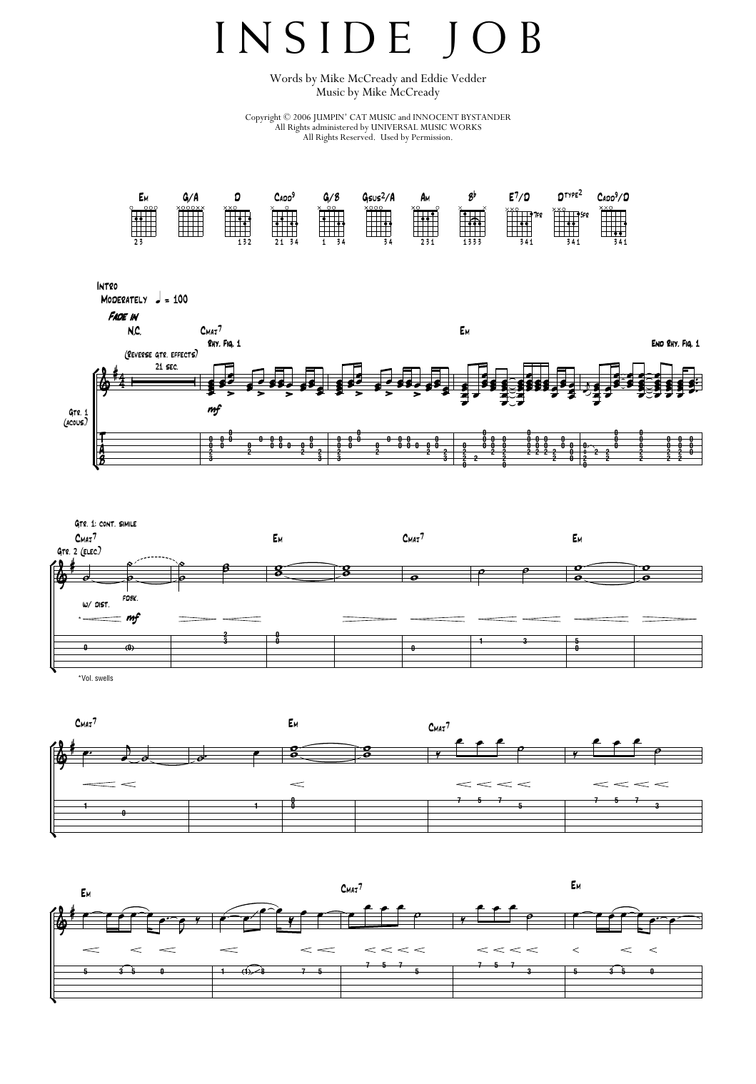 Pearl Jam Inside Job sheet music notes and chords arranged for Transcribed Score