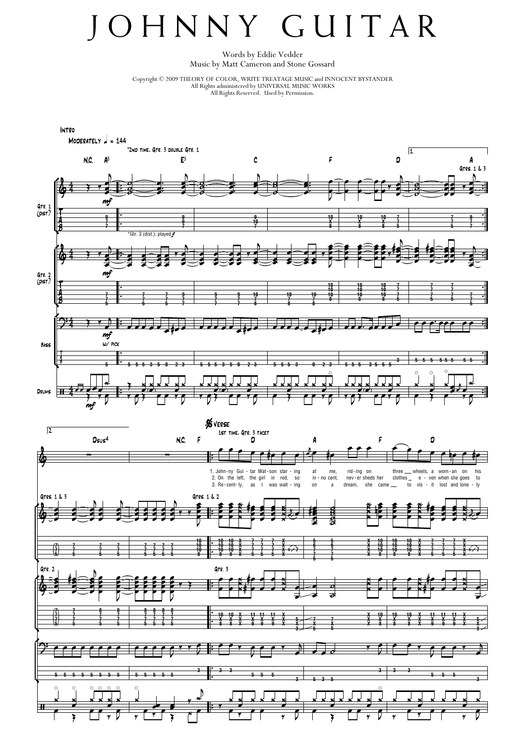 Pearl Jam Johnny Guitar sheet music notes and chords arranged for Transcribed Score