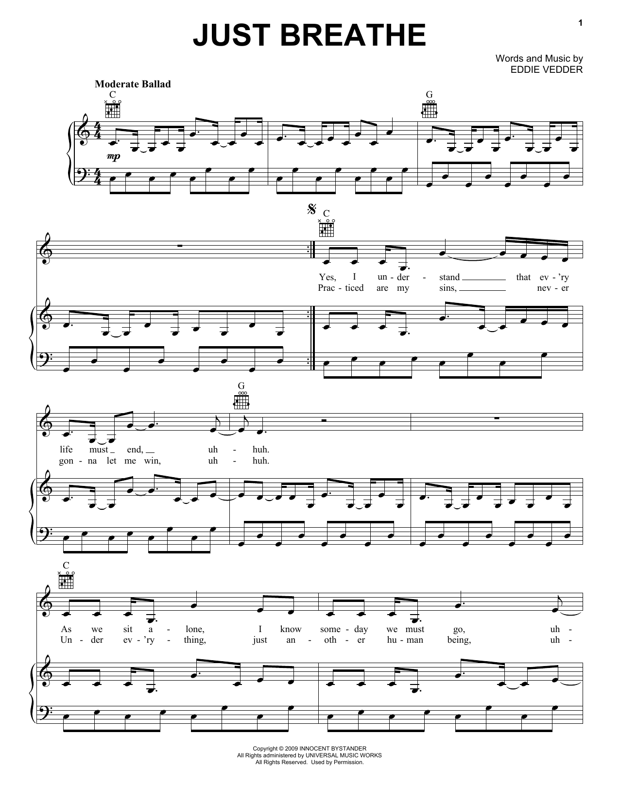 Pearl Jam Just Breathe sheet music notes and chords arranged for Piano, Vocal & Guitar Chords (Right-Hand Melody)