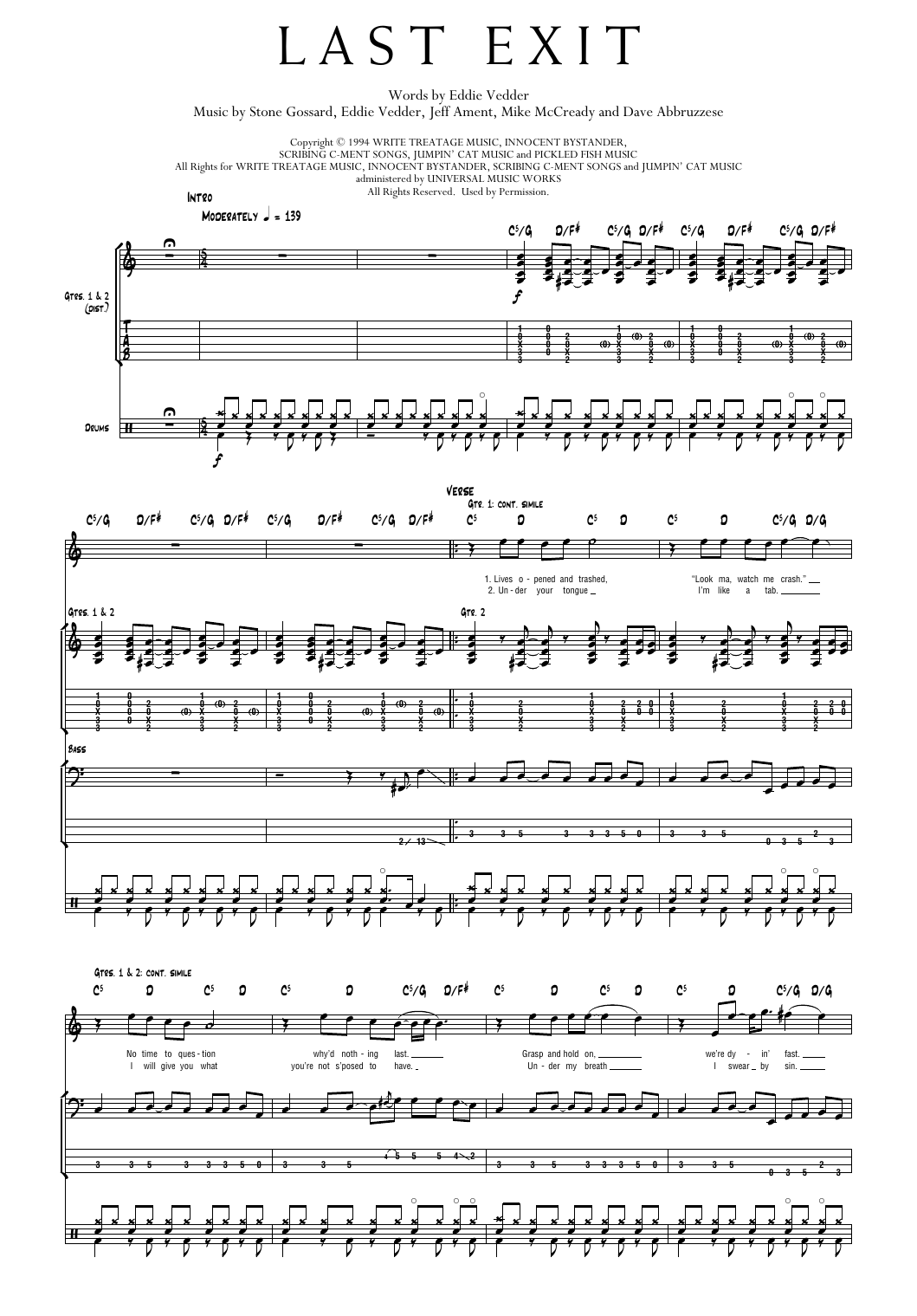 Pearl Jam Last Exit sheet music notes and chords arranged for Transcribed Score