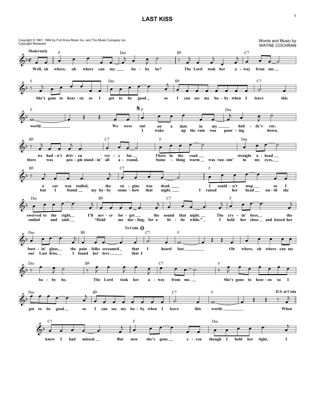 Pearl Jam Last Kiss sheet music notes and chords arranged for Easy Guitar