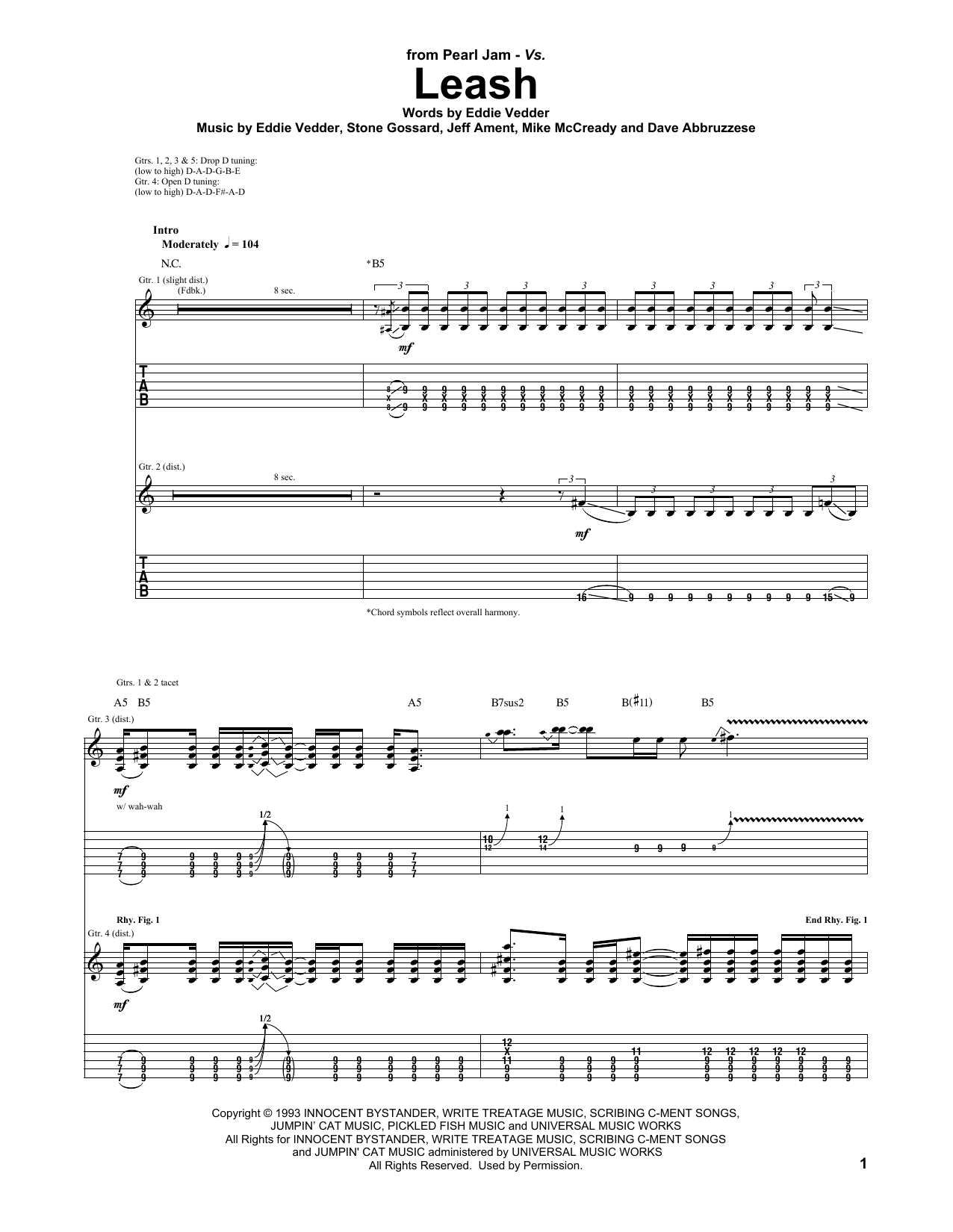 Pearl Jam Leash sheet music notes and chords arranged for Guitar Tab
