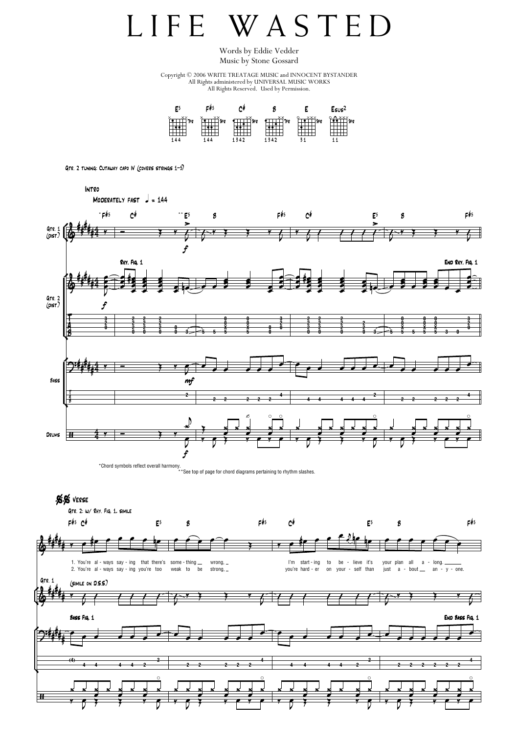 Pearl Jam Life Wasted sheet music notes and chords arranged for Transcribed Score