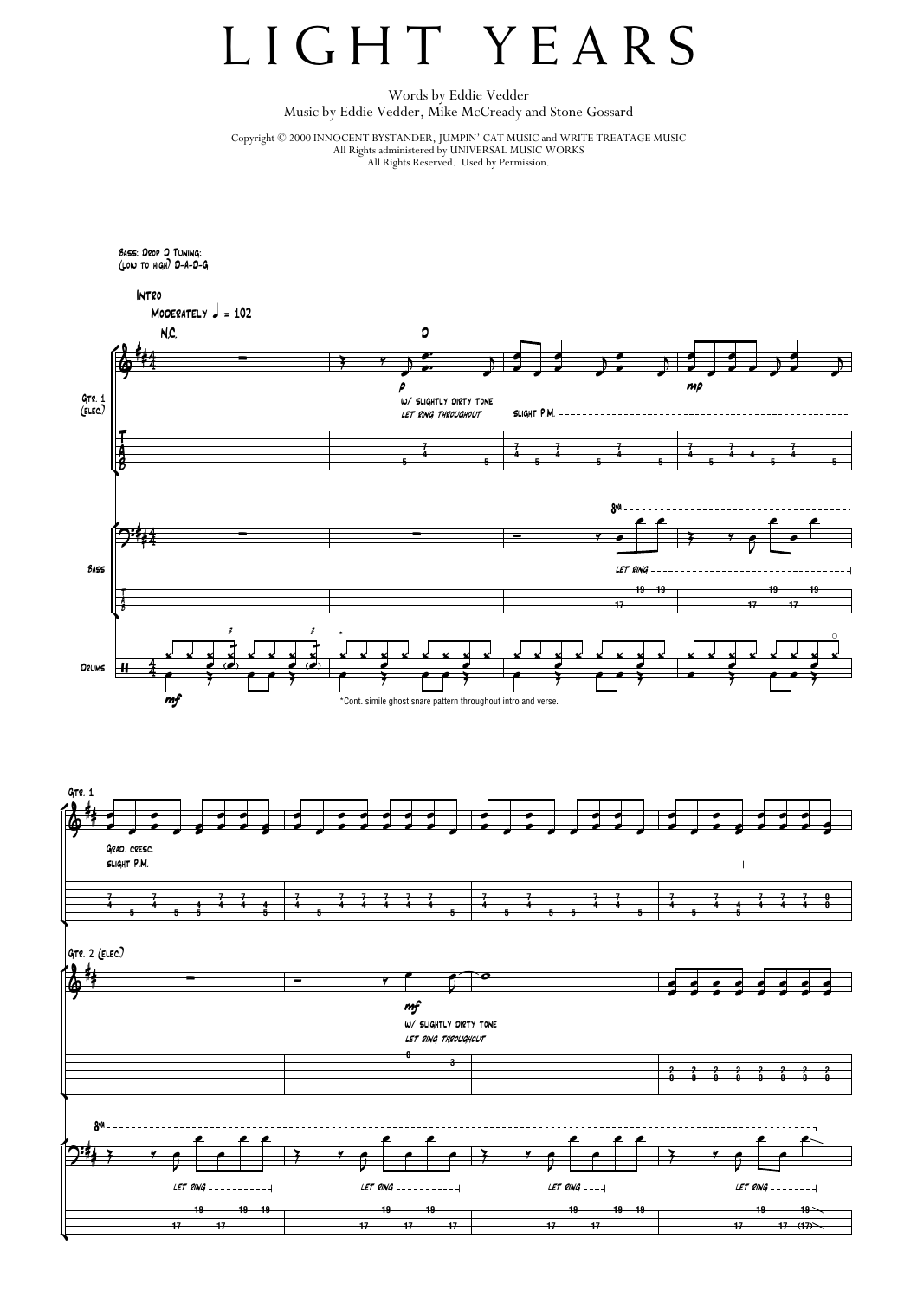 Pearl Jam Light Years sheet music notes and chords arranged for Transcribed Score