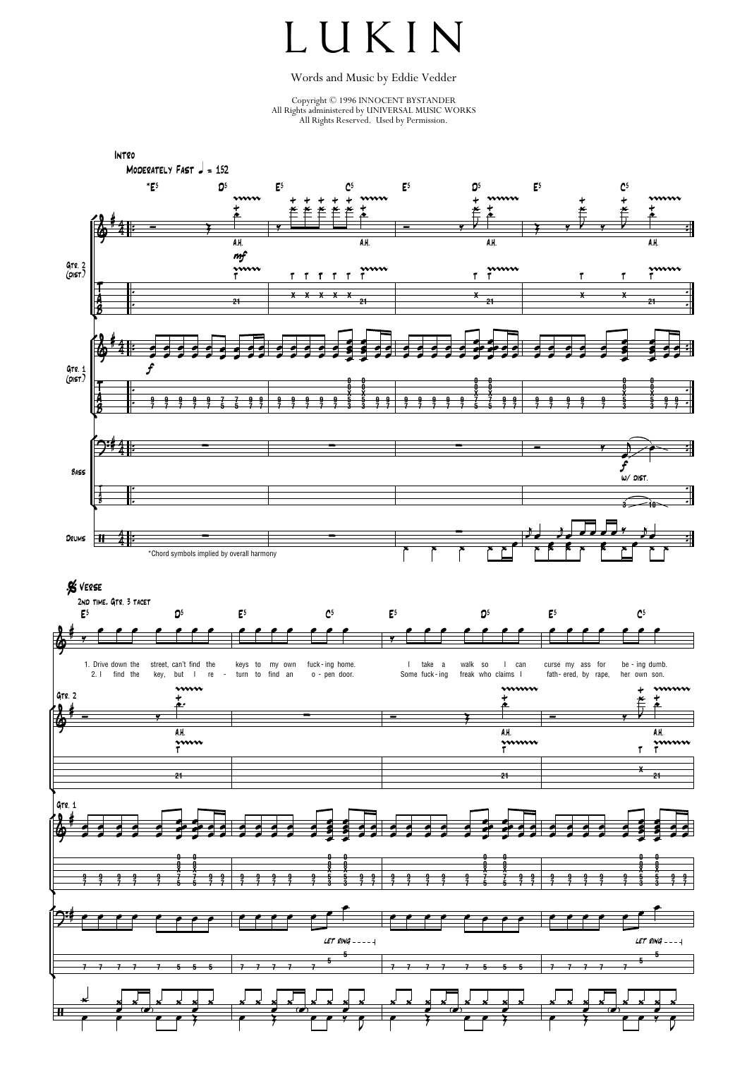 Pearl Jam Lukin sheet music notes and chords arranged for Transcribed Score