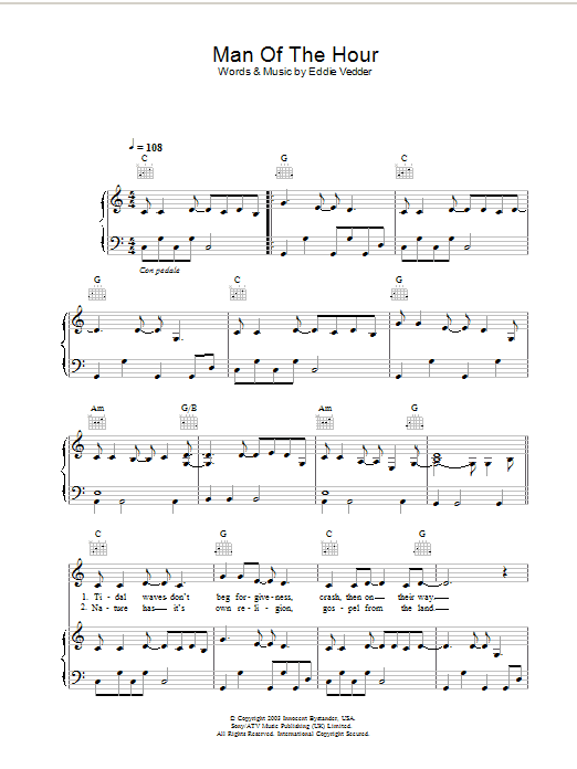 Pearl Jam Man Of The Hour sheet music notes and chords arranged for Piano, Vocal & Guitar Chords