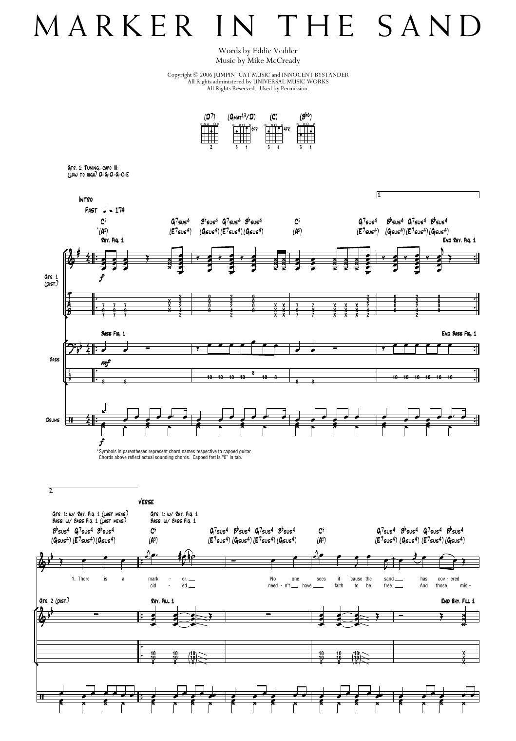 Pearl Jam Marker In The Sand sheet music notes and chords arranged for Transcribed Score