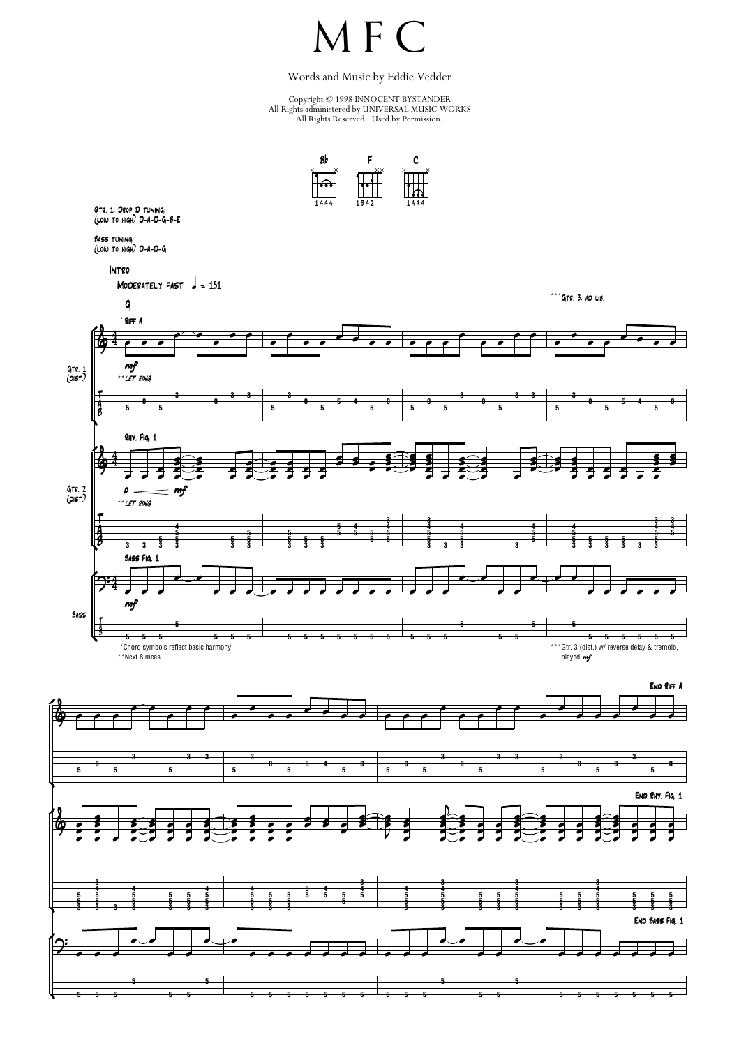 Pearl Jam MFC sheet music notes and chords arranged for Transcribed Score