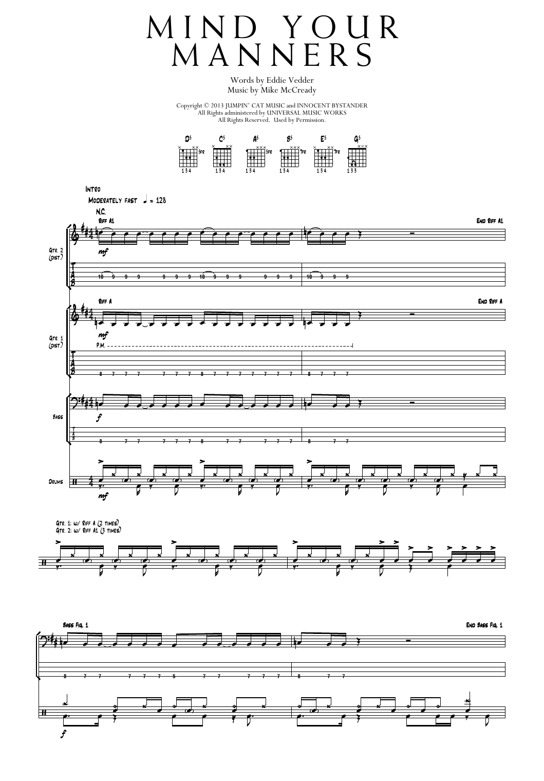 Pearl Jam Mind Your Manners sheet music notes and chords arranged for Transcribed Score