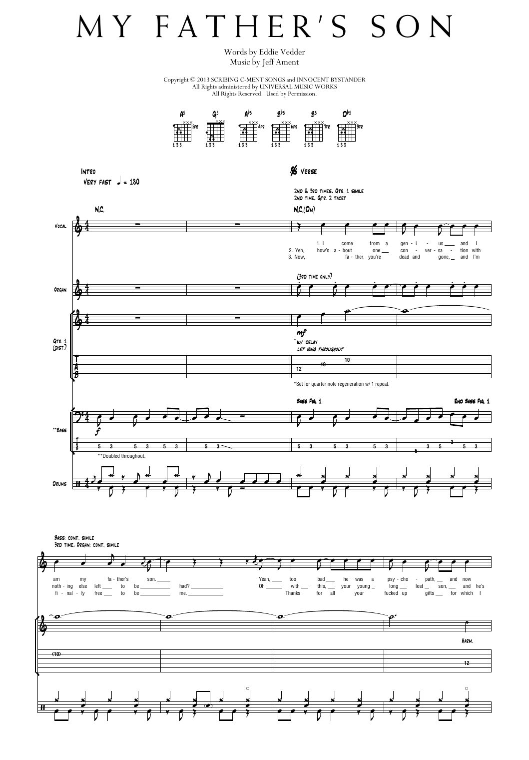Pearl Jam My Father's Son sheet music notes and chords arranged for Transcribed Score