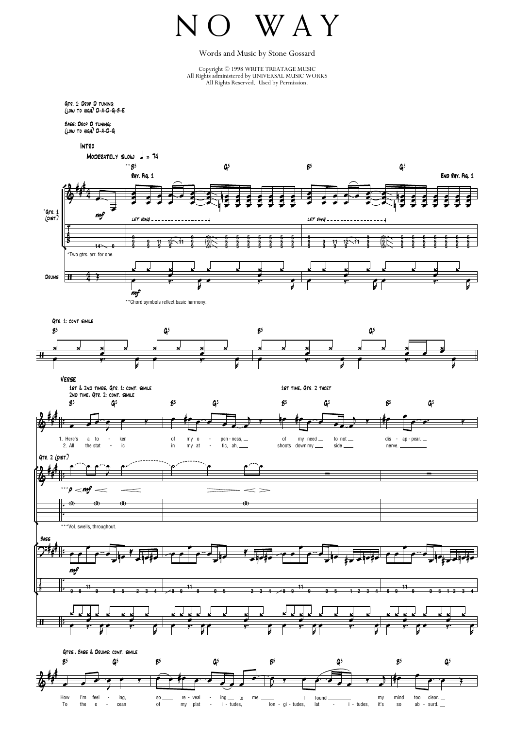 Pearl Jam No Way sheet music notes and chords arranged for Transcribed Score