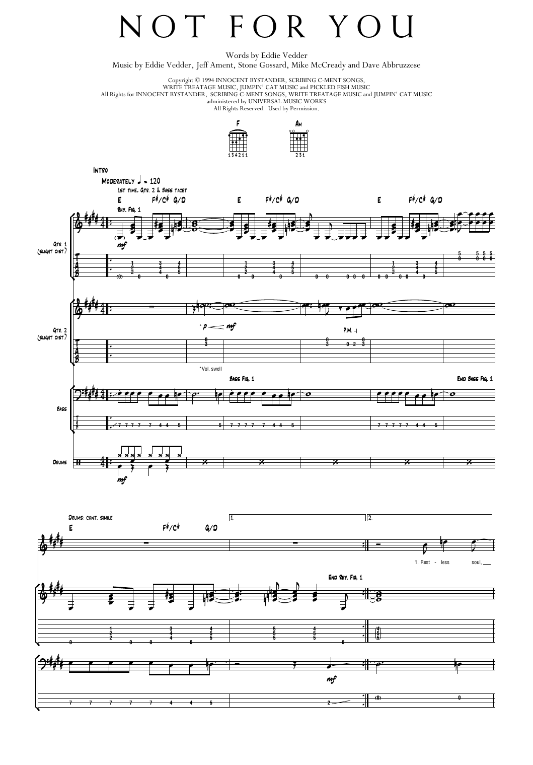 Pearl Jam Not For You sheet music notes and chords arranged for Transcribed Score