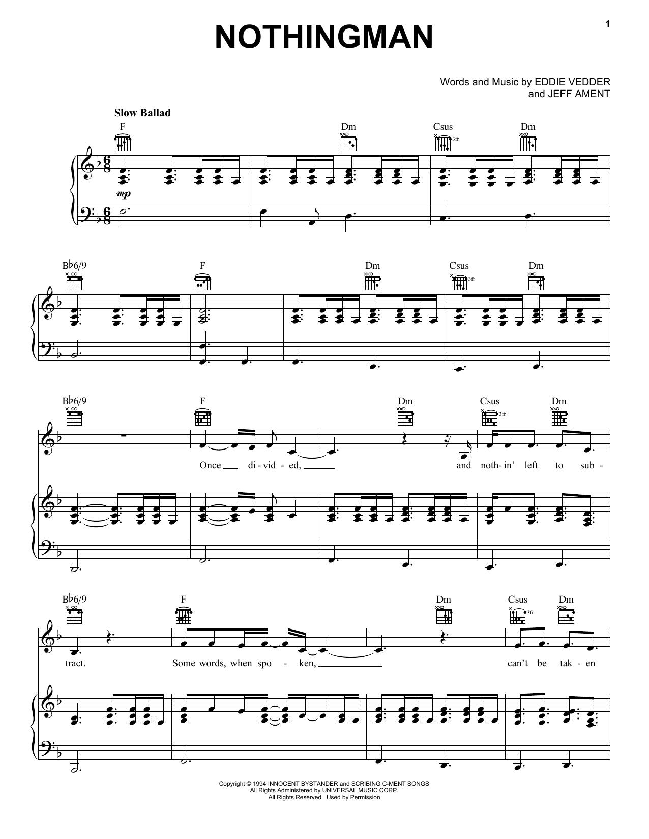 Pearl Jam Nothingman sheet music notes and chords arranged for Piano, Vocal & Guitar Chords (Right-Hand Melody)