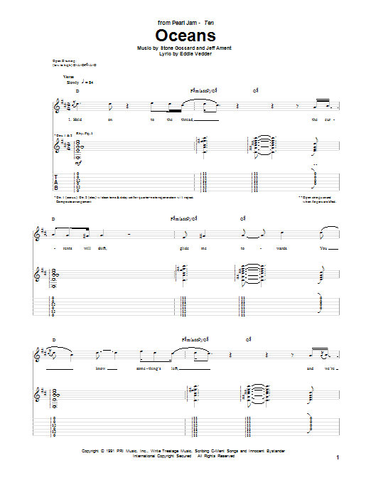 Pearl Jam Oceans sheet music notes and chords arranged for Piano, Vocal & Guitar Chords (Right-Hand Melody)