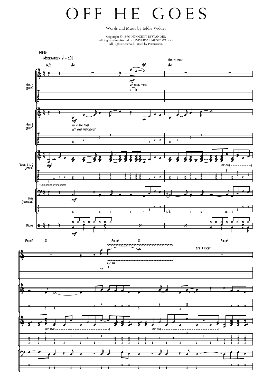 Pearl Jam Off He Goes sheet music notes and chords arranged for Transcribed Score
