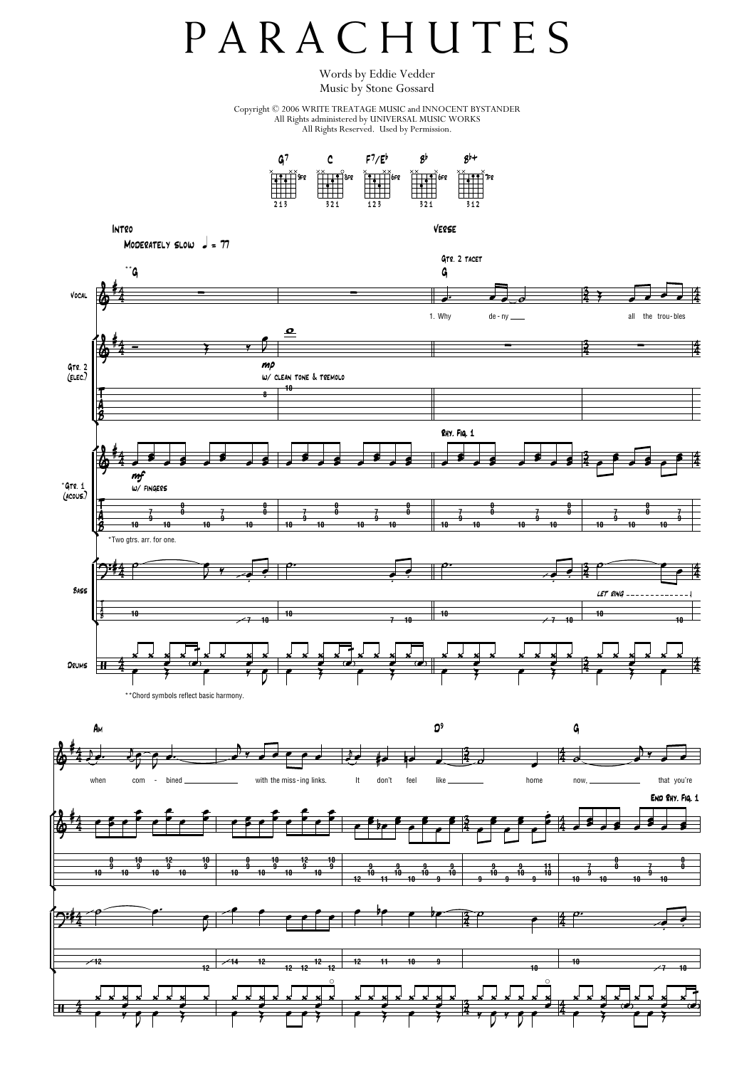 Pearl Jam Parachutes sheet music notes and chords arranged for Transcribed Score