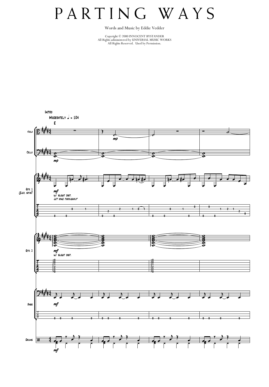 Pearl Jam Parting Ways sheet music notes and chords arranged for Transcribed Score