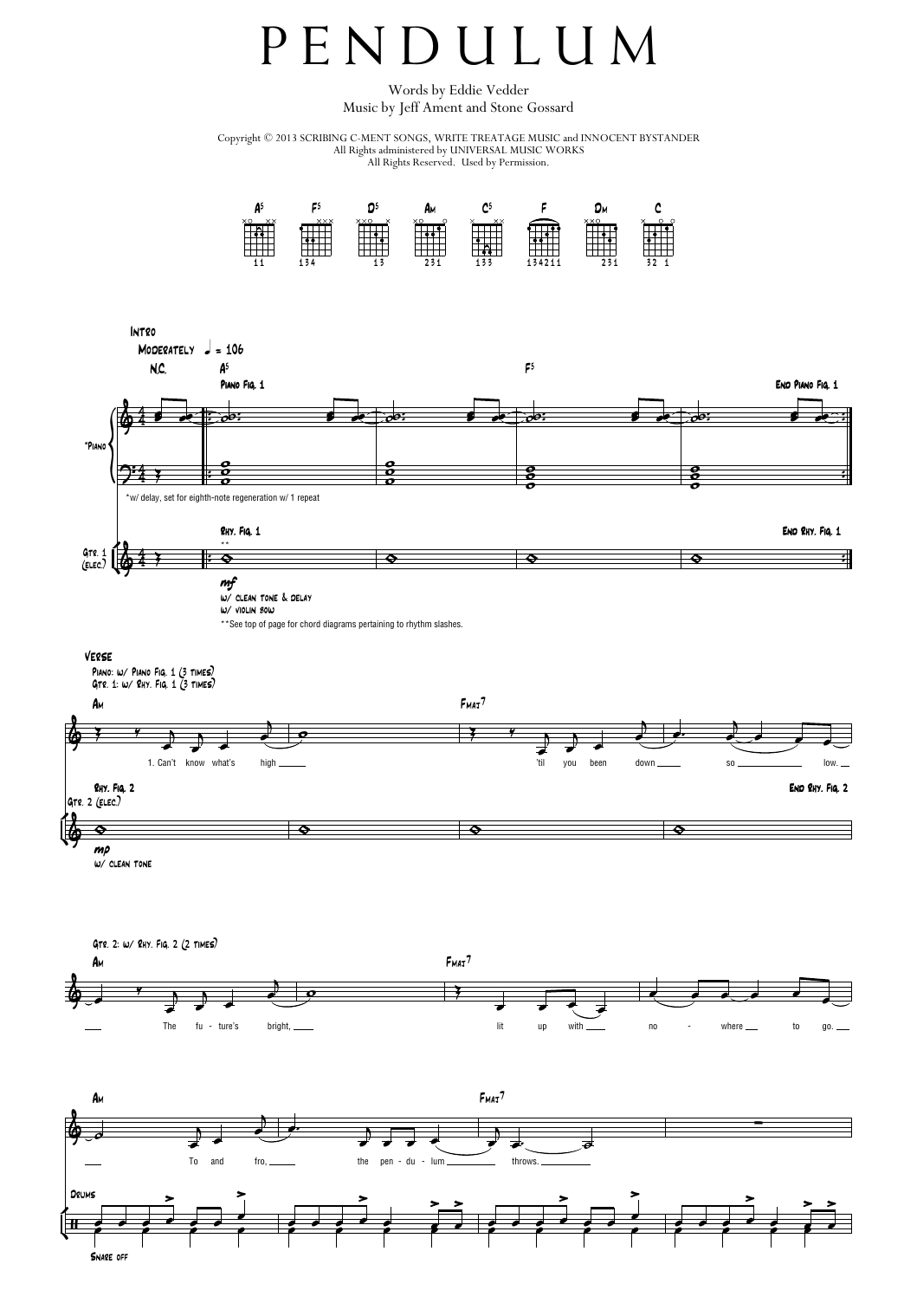 Pearl Jam Pendulum sheet music notes and chords arranged for Transcribed Score