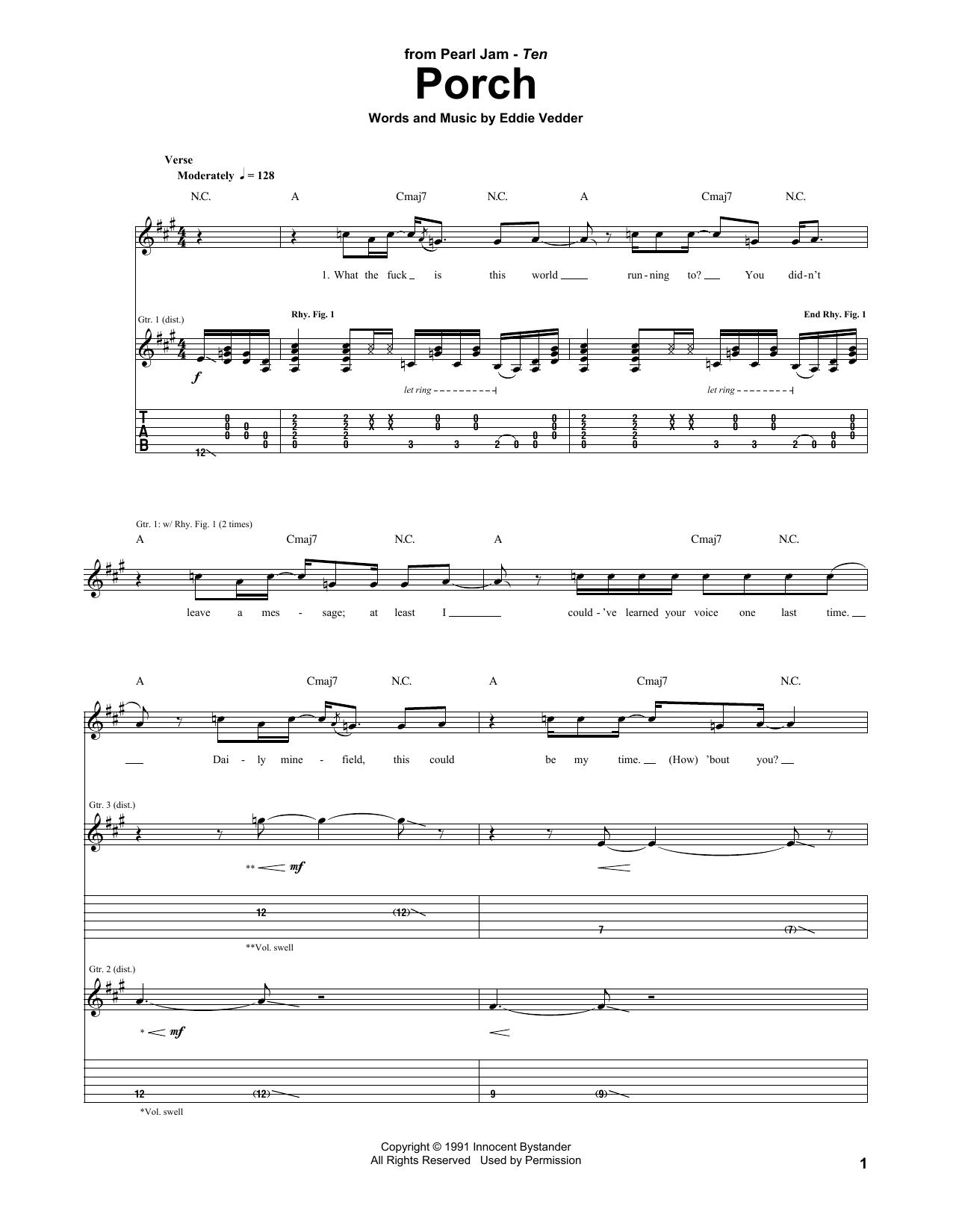 Pearl Jam Porch sheet music notes and chords arranged for Guitar Tab