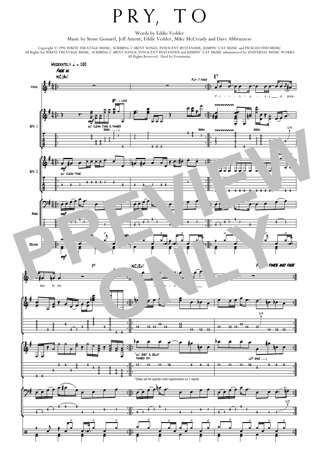 Pearl Jam Pry, To sheet music notes and chords arranged for Transcribed Score