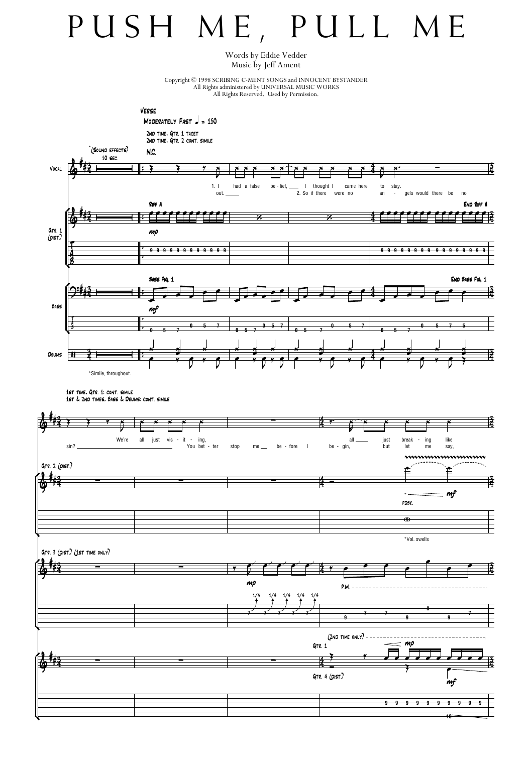 Pearl Jam Push Me, Pull Me sheet music notes and chords arranged for Transcribed Score