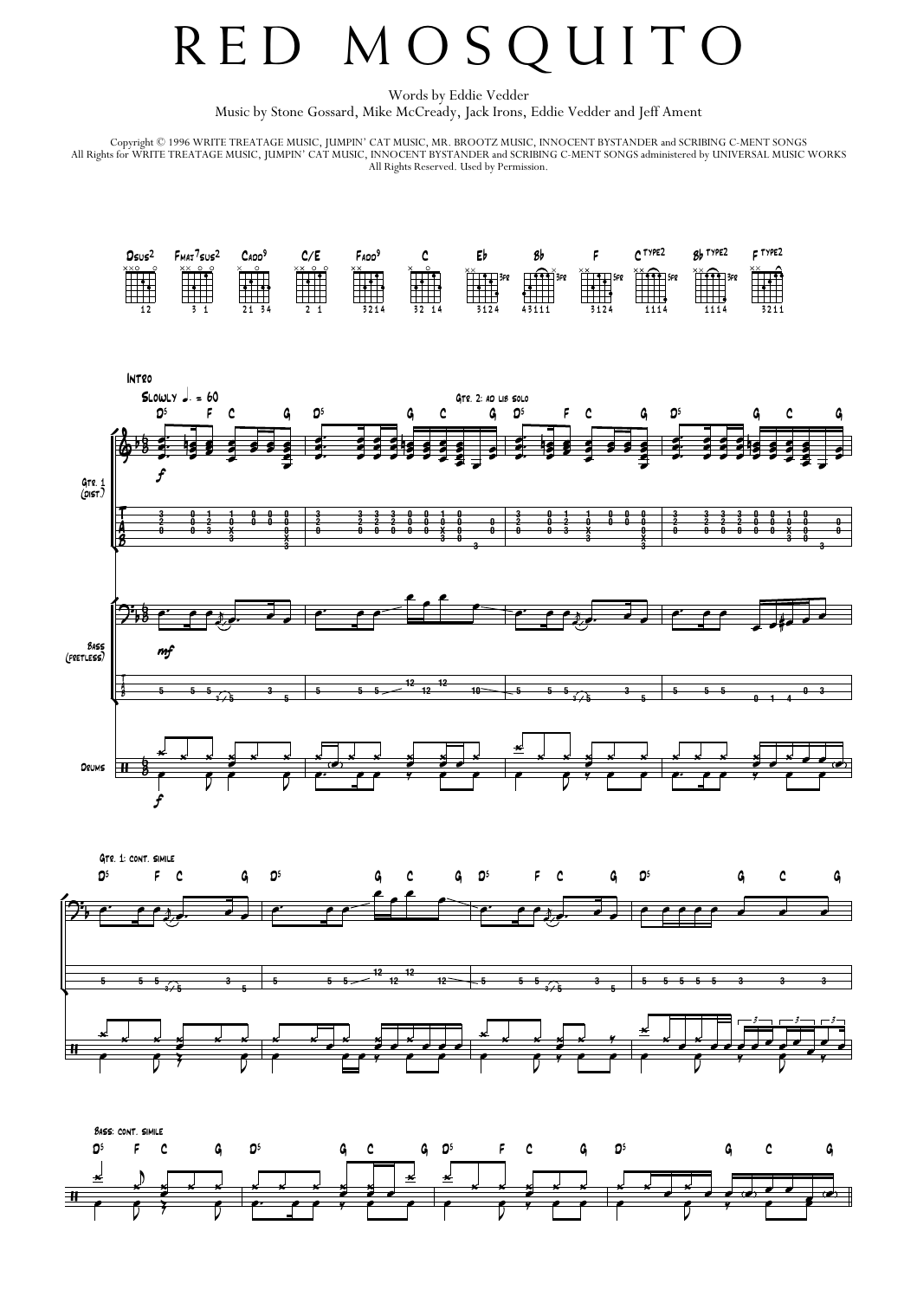 Pearl Jam Red Mosquito sheet music notes and chords arranged for Transcribed Score