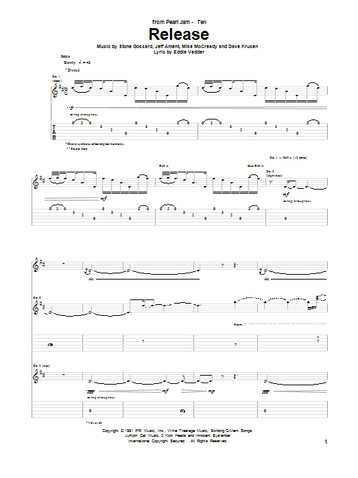 Pearl Jam Release sheet music notes and chords arranged for Guitar Tab