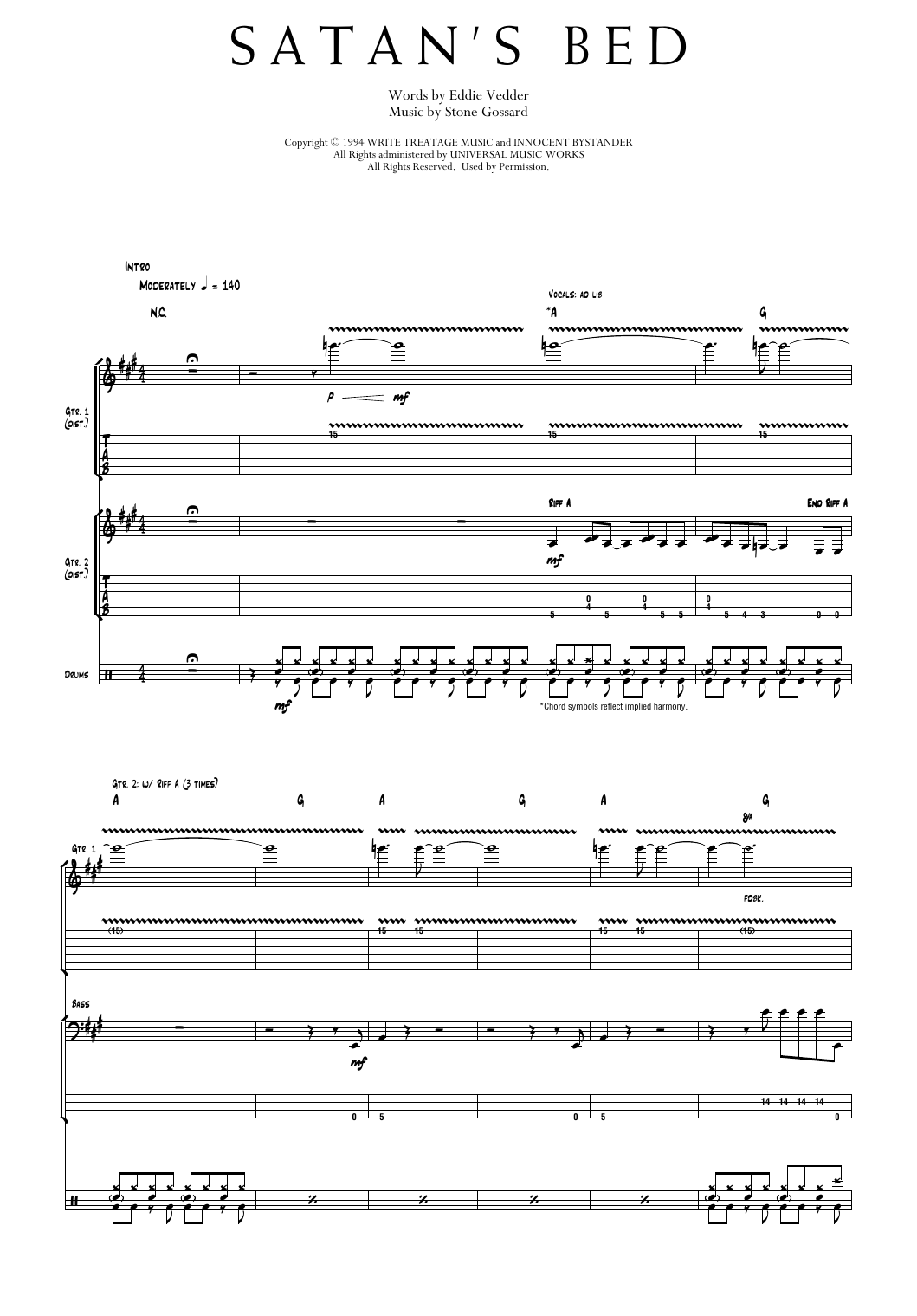 Pearl Jam Satan's Bed sheet music notes and chords arranged for Transcribed Score