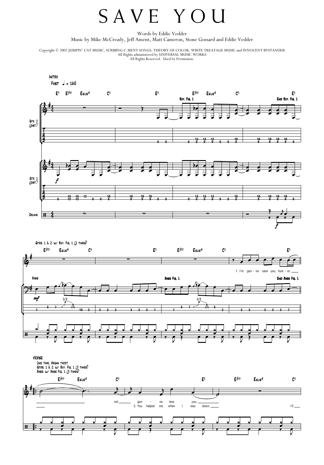 Pearl Jam Save You sheet music notes and chords arranged for Transcribed Score